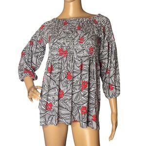 J.Jill Women's Black White Floral‎ Peasant BOHO Smocked Top Size XS